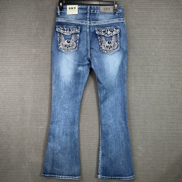 Sky Denim - Sky Premium Women's Size 13 Blue Bootcut embellished Angel Wings Skull Jeans